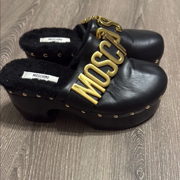 Moschino Black and Gold Slippers with Plush Lining - Picture 2 of 2